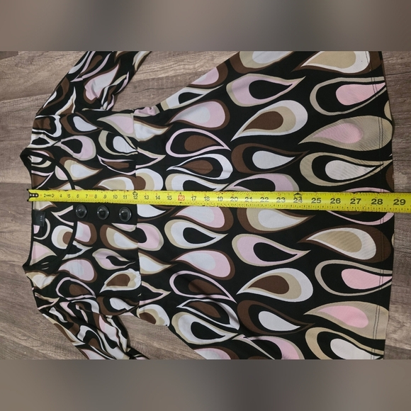 Vintage Y2K MINI DRESS ABSTRACT BELL SLEEVE TUNIC 60s 70s Geometric Brown Pink - Picture 7 of 8